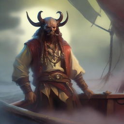 A mystical D&D pirate with a regular face and slim body, featuring Oni horns that resemble an ox's, colored in pale yellow and muddy red