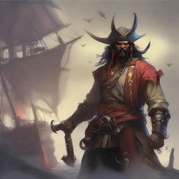 A mystical D&D pirate with a regular face and slim body, featuring Oni horns that resemble an ox's, colored in pale yellow and muddy red