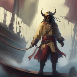 A mystical D&D pirate with a regular face and slim body, featuring Oni horns that resemble an ox's, colored in pale yellow and muddy red