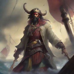 A mystical D&D pirate with a regular face and slim body, featuring Oni horns that resemble an ox's, colored in pale yellow and muddy red