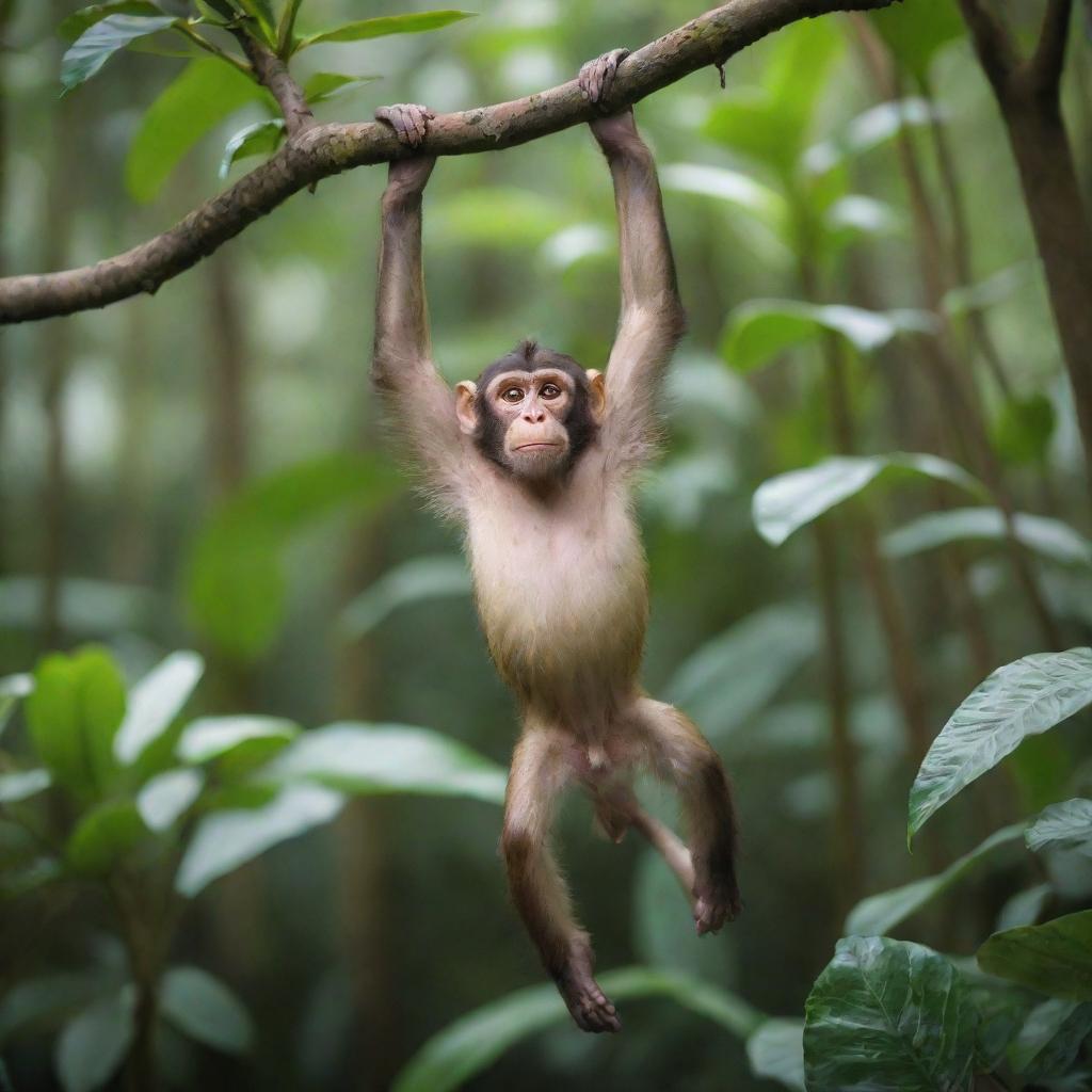 A playful monkey hanging from a tree branch in a vibrant and lush tropical forest.