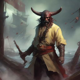 A mystical D&D pirate with a regular face and slim body, featuring Oni horns that resemble an ox's, colored in pale yellow and muddy red