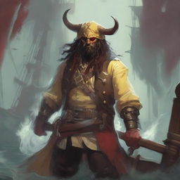 A mystical D&D pirate with a regular face and slim body, featuring Oni horns that resemble an ox's, colored in pale yellow and muddy red