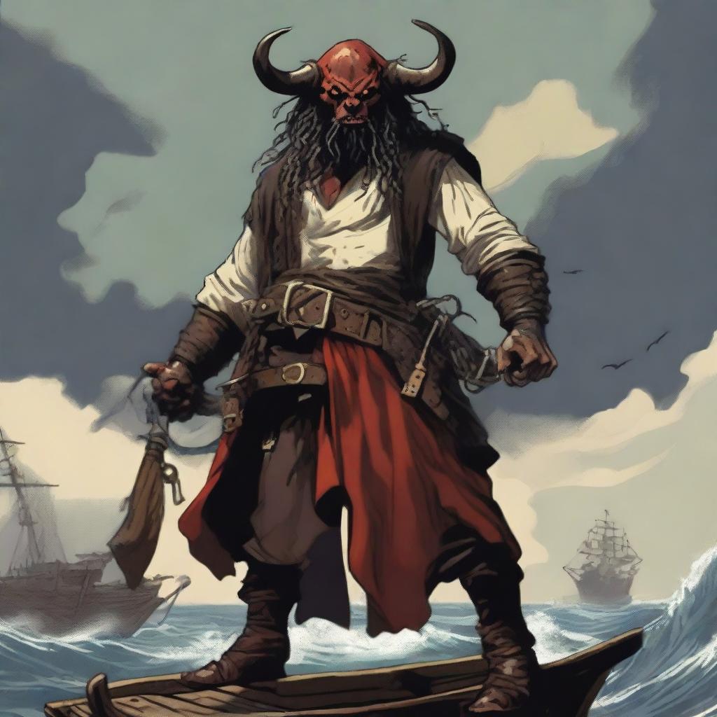 A D&D pirate with a regular face and slim body, featuring Oni horns that resemble an ox's