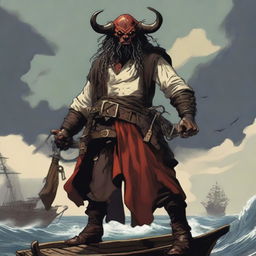 A D&D pirate with a regular face and slim body, featuring Oni horns that resemble an ox's