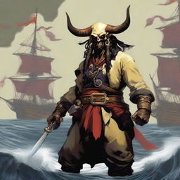 A D&D pirate with a regular face and slim body, featuring Oni horns that resemble an ox's