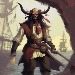 A D&D pirate with a regular face and slim body, featuring Oni horns that resemble an ox's