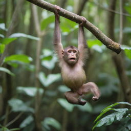 A playful monkey hanging from a tree branch in a vibrant and lush tropical forest.