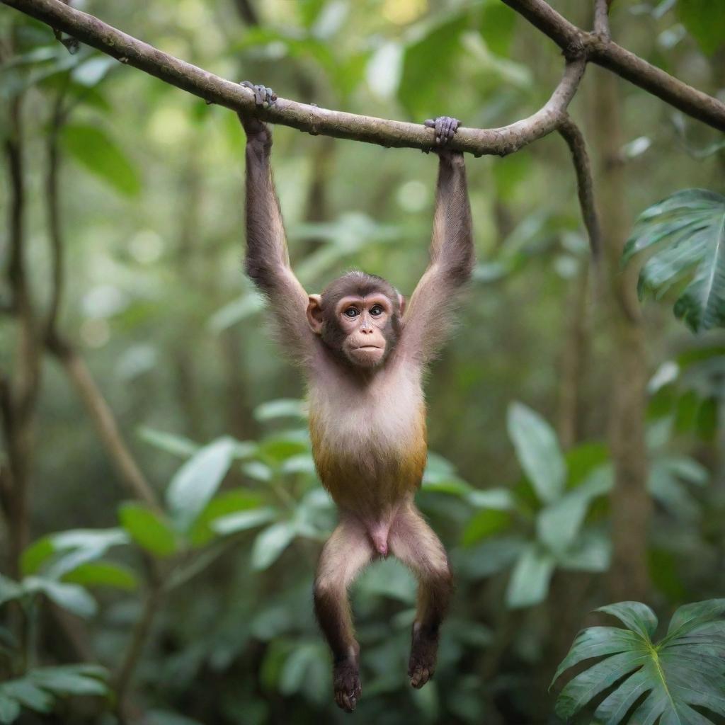 A playful monkey hanging from a tree branch in a vibrant and lush tropical forest.