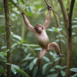 A playful monkey hanging from a tree branch in a vibrant and lush tropical forest.