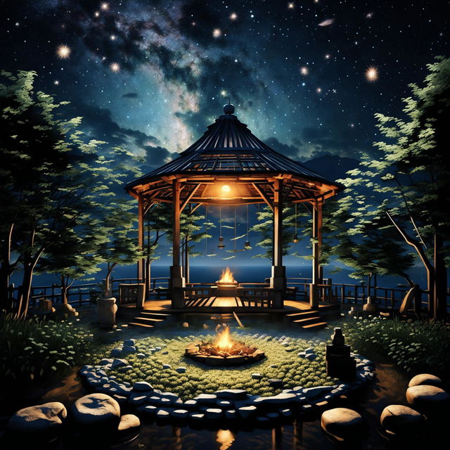 A serene summer night view from inside a gazebo on a mountain top. The gazebo houses chairs and a fire pit, with wind chimes hanging above. It's situated in a zen garden with plants, statues, and trees. Beyond the garden, a city and sea landscape unfolds under a starry sky.