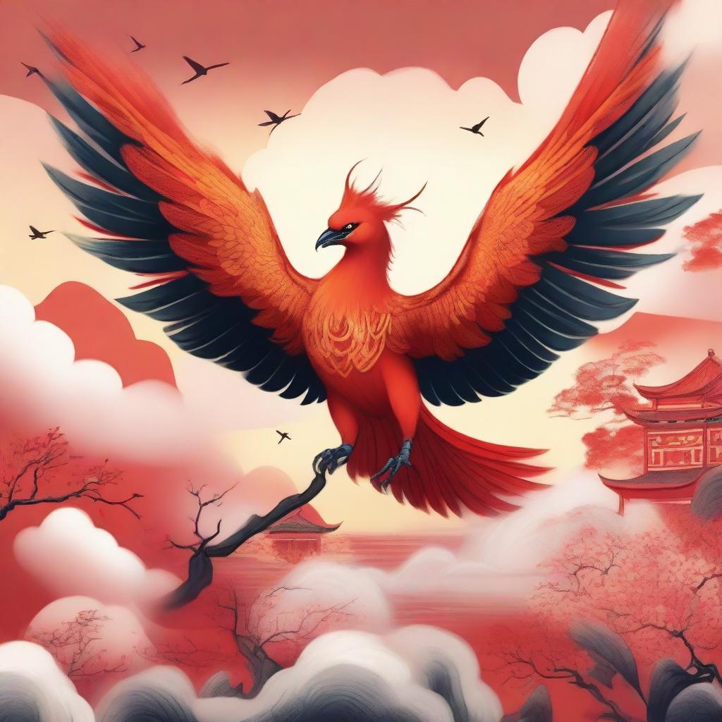 A detailed and vibrant illustration of Zhuque, the Vermilion Bird of the South from Chinese mythology