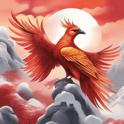 A detailed and vibrant illustration of Zhuque, the Vermilion Bird of the South from Chinese mythology