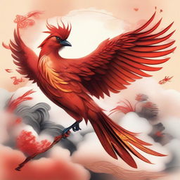 A detailed and vibrant illustration of Zhuque, the Vermilion Bird of the South from Chinese mythology