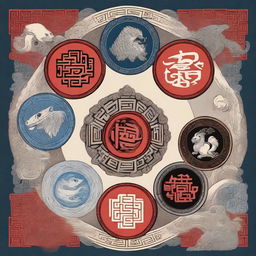 An intricate illustration of the Four Symbols (Four Guardians) and the Five Elements from Chinese mythology