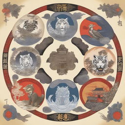 An intricate illustration of the Four Symbols (Four Guardians) and the Five Elements from Chinese mythology