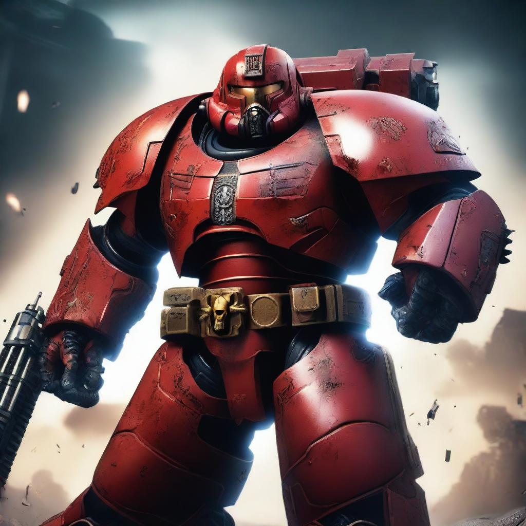 A striking and dynamic image of a Warhammer 40k Space Marine (Astartes) in red armor