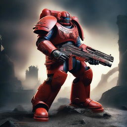 A striking and dynamic image of a Warhammer 40k Space Marine (Astartes) in red armor