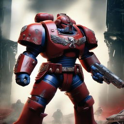A striking and dynamic image of a Warhammer 40k Space Marine (Astartes) in red armor
