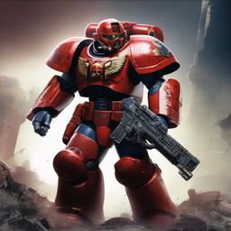 A striking and dynamic image of a Warhammer 40k Space Marine (Astartes) in red armor