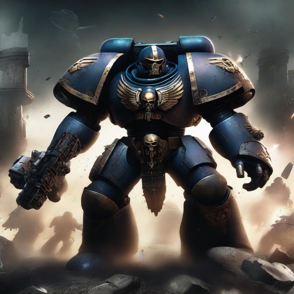 A fierce and imposing image of a Warhammer 40k Space Marine (Astartes) in black armor, equipped with deadly claws