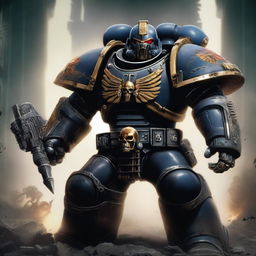 A fierce and imposing image of a Warhammer 40k Space Marine (Astartes) in black armor, equipped with deadly claws