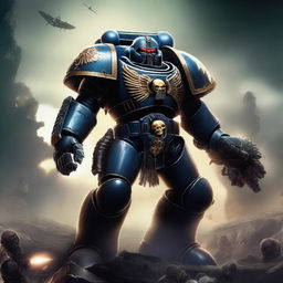 A fierce and imposing image of a Warhammer 40k Space Marine (Astartes) in black armor, equipped with deadly claws