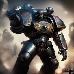 A fierce and imposing image of a Warhammer 40k Space Marine (Astartes) in black armor, equipped with deadly claws