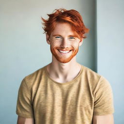 A handsome young man with striking red hair and blue eyes, standing confidently