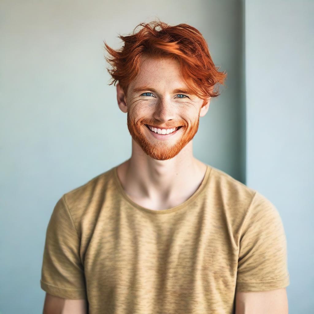 A handsome young man with striking red hair and blue eyes, standing confidently