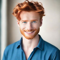 A handsome young man with striking red hair and blue eyes, standing confidently