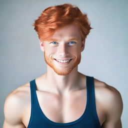 A handsome young man with striking red hair and blue eyes, standing confidently