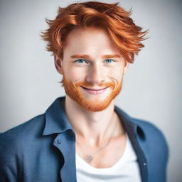 A handsome young man with striking red hair and blue eyes, standing confidently