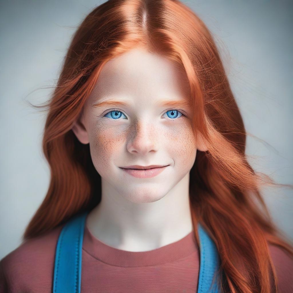A young boy with long red hair and blue eyes, without any facial hair