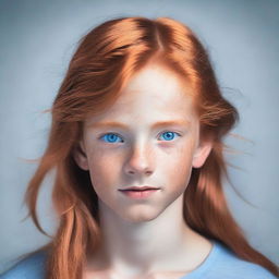 A young boy with long red hair and blue eyes, without any facial hair