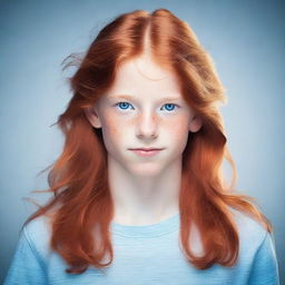 A young boy with long red hair and blue eyes, without any facial hair