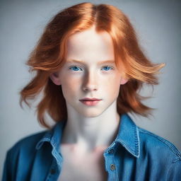 A young boy with long red hair and blue eyes, without any facial hair
