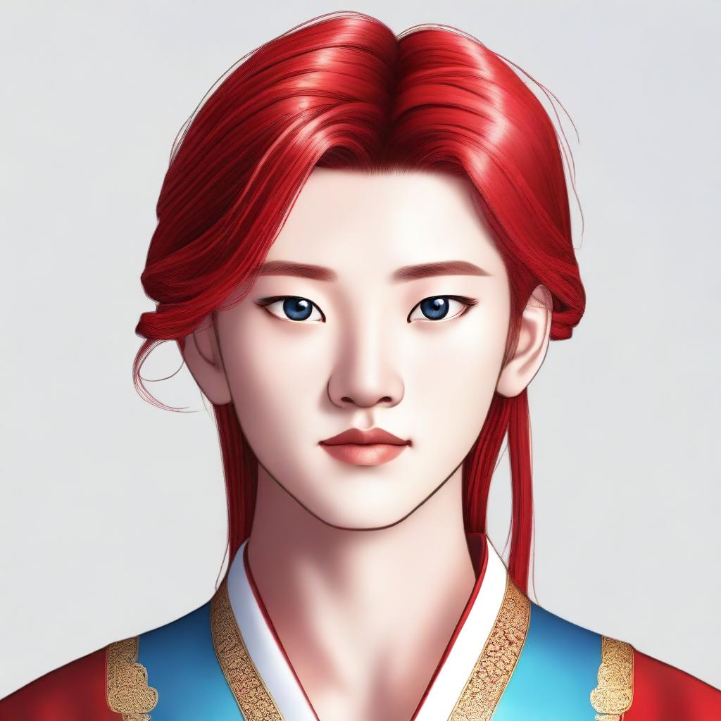 A young Chinese boy with long red hair and blue eyes, without any facial hair