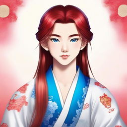 A young Chinese boy with long red hair and blue eyes, without any facial hair