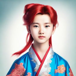 A young Chinese boy with long red hair and blue eyes, without any facial hair
