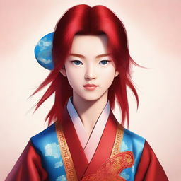 A young Chinese boy with long red hair and blue eyes, without any facial hair