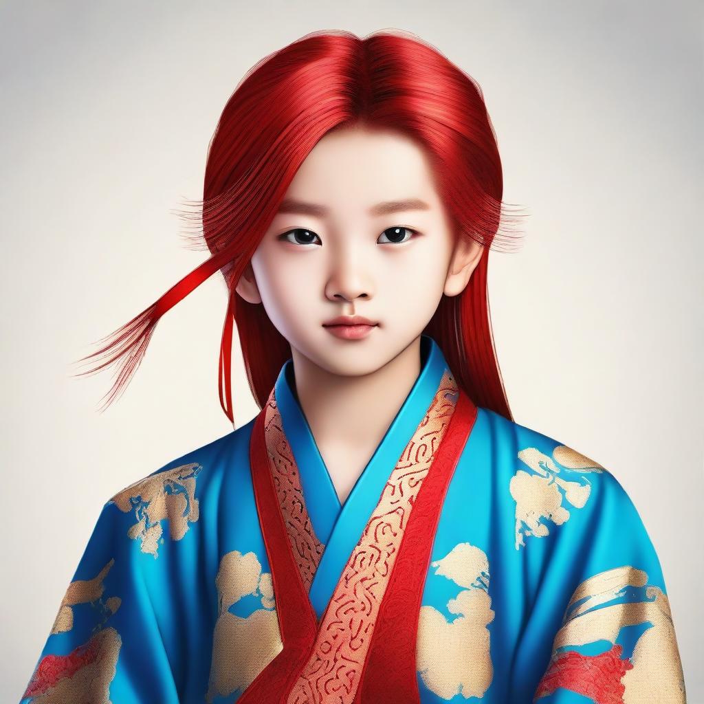 A young Chinese boy with long red hair and blue eyes, without any facial hair