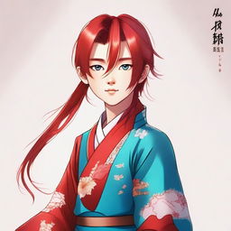 A young Chinese boy with long red hair and blue eyes, without any facial hair