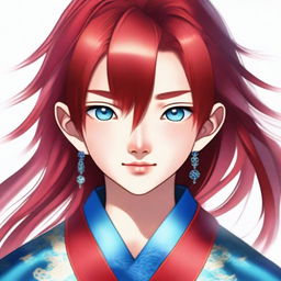 A young Chinese boy with long red hair and blue eyes, without any facial hair