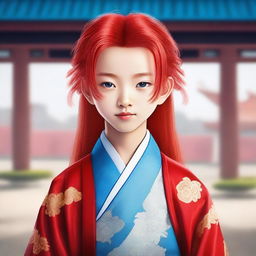 A young Chinese boy with long red hair and blue eyes, without any facial hair