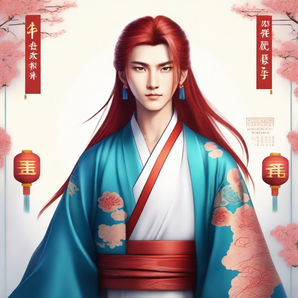 A young Chinese man with long red hair and blue eyes, without any facial hair