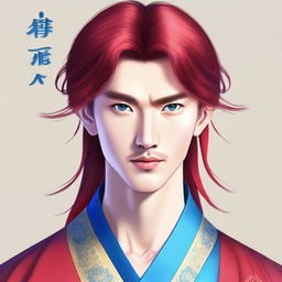 A young Chinese man with long red hair and blue eyes, without any facial hair
