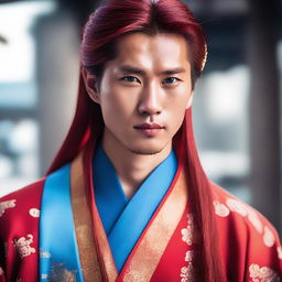 A young Chinese man with long red hair and blue eyes, without any facial hair