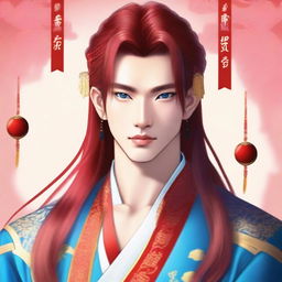A young Chinese man with long red hair and blue eyes, without any facial hair