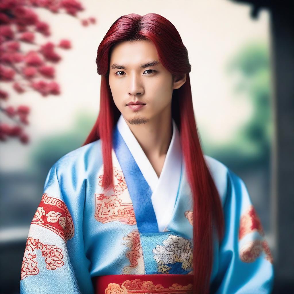 A beautiful young Chinese man with long red hair and blue eyes, without any facial hair
